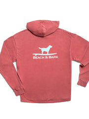 Beach and Barn BEACH&BARK Mens Surfing Dog Hooded Tee Nantucket Red back view. If you need any assistance with this item or the purchase of this item please call us at five six one seven four eight eight eight zero one Monday through Saturday 10:00a.m EST to 8:00 p.m EST
