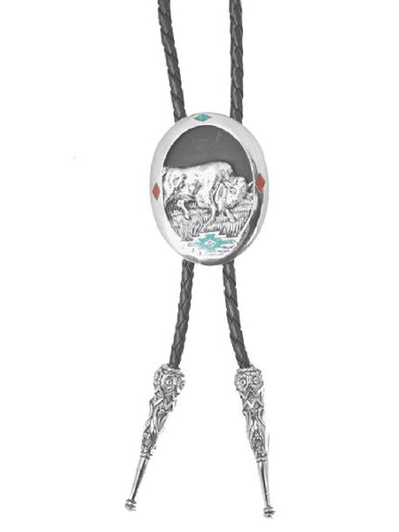Western Express BT-253 Bison Bolo Tie With Turquoise & Coral Inlay front view