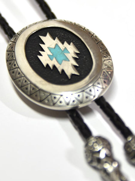 Western Express BT-257 Aztec Oval Bolo Tie with Turquoise & Coral Inlay Silver close up