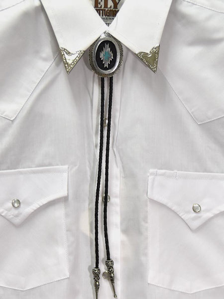 Western Express BT-257 Aztec Oval Bolo Tie with Turquoise & Coral Inlay Silver front view