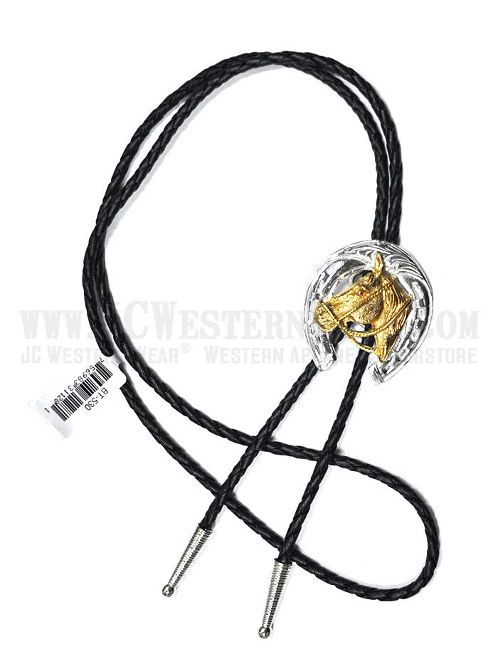 Western Express BT-530 Horseshoe And Horse Head Bolo Tie Silver And Gold front view