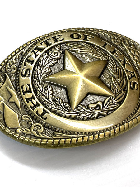 M&F 37002 The State of Texas Seal Oval Belt Buckle Bronze close up