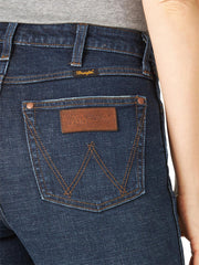 Wrangler 11MPEQF Womens Retro High Rise Green Jean Faithlyn back pocket close up. If you need any assistance with this item or the purchase of this item please call us at five six one seven four eight eight eight zero one Monday through Saturday 10:00a.m EST to 8:00 p.m EST