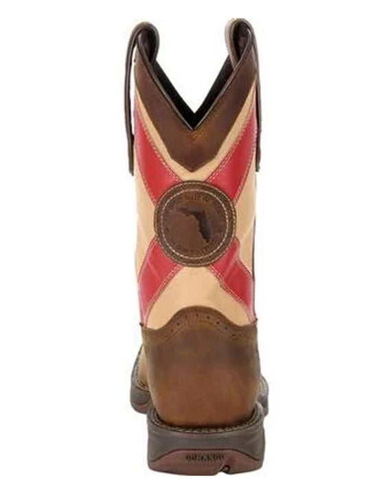 Durango DDB0233 Mens Florida State Flag Western Boot Saddle Brown back view. If you need any assistance with this item or the purchase of this item please call us at five six one seven four eight eight eight zero one Monday through Saturday 10:00a.m EST to 8:00 p.m EST