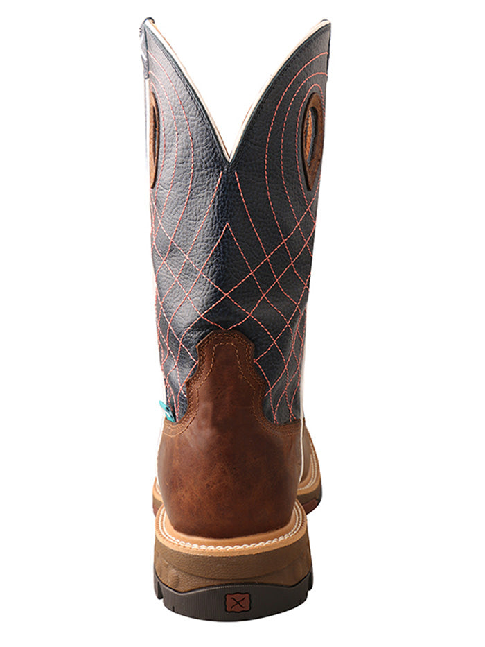 Twisted X MXBW001 Mens Waterproof Western Work Boot Mocha Navy  front and side view. If you need any assistance with this item or the purchase of this item please call us at five six one seven four eight eight eight zero one Monday through Saturday 10:00a.m EST to 8:00 p.m EST