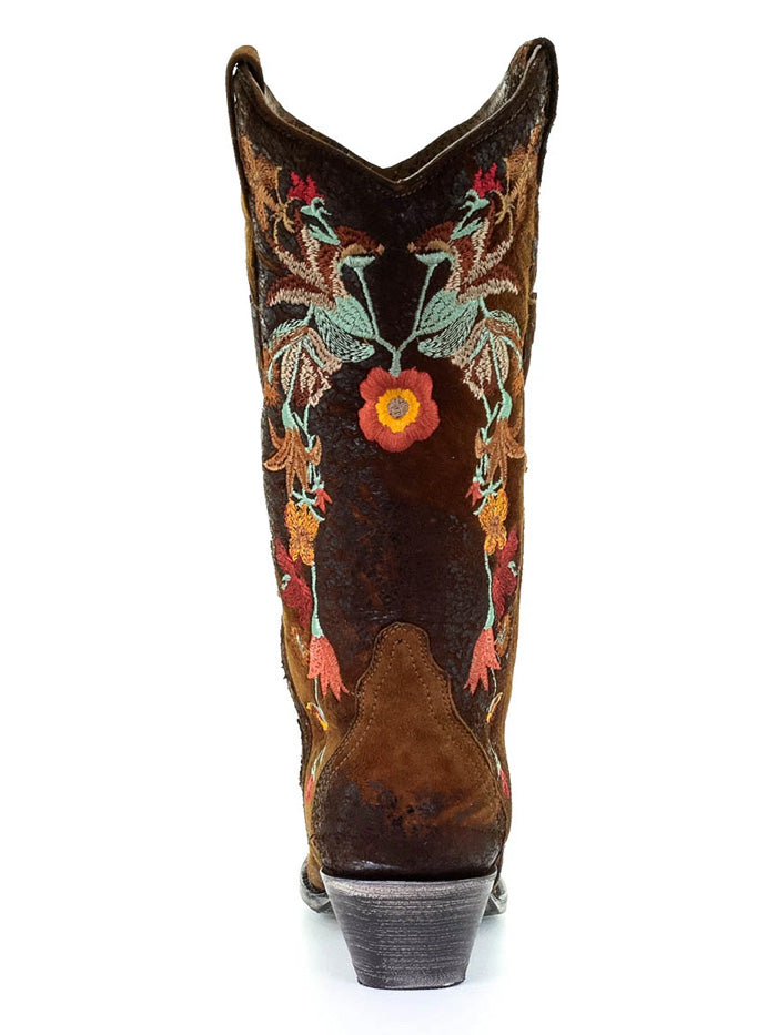 Corral A3597 Womens Western Lamb Floral Embroidery Snip Toe Boot Chocolate side and front view. If you need any assistance with this item or the purchase of this item please call us at five six one seven four eight eight eight zero one Monday through Saturday 10:00a.m EST to 8:00 p.m EST