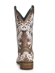 Corral A4063 Womens Embroidery Glow Collection Western Boot Square Toe Brown White back view. If you need any assistance with this item or the purchase of this item please call us at five six one seven four eight eight eight zero one Monday through Saturday 10:00a.m EST to 8:00 p.m EST