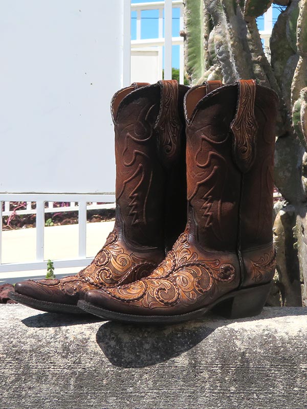 Black Jack HT-312 54 Mens Hand-Tooled Western Boots Antique Tan Brown front and back view of pair. If you need any assistance with this item or the purchase of this item please call us at five six one seven four eight eight eight zero one Monday through Saturday 10:00a.m EST to 8:00 p.m EST