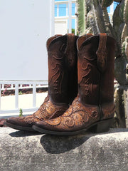 Black Jack HT-312 54 Mens Hand-Tooled Western Boots Antique Tan Brown side view. If you need any assistance with this item or the purchase of this item please call us at five six one seven four eight eight eight zero one Monday through Saturday 10:00a.m EST to 8:00 p.m EST
