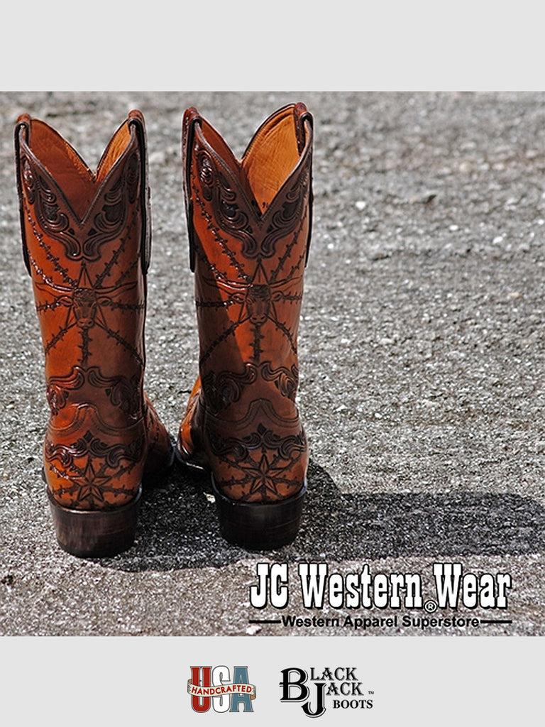 Black Jack HT-103-54 Mens Handtooled Longhorn Boots Cognac pair front view. If you need any assistance with this item or the purchase of this item please call us at five six one seven four eight eight eight zero one Monday through Saturday 10:00a.m EST to 8:00 p.m EST
