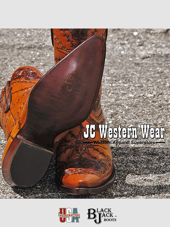 Black Jack HT-103-54 Mens Handtooled Longhorn Boots Cognac front and sole view. If you need any assistance with this item or the purchase of this item please call us at five six one seven four eight eight eight zero one Monday through Saturday 10:00a.m EST to 8:00 p.m EST