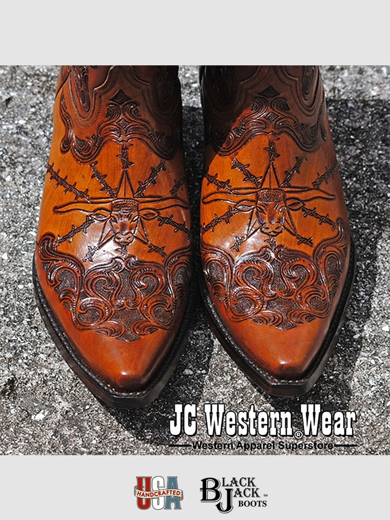 Black Jack HT-103-54 Mens Handtooled Longhorn Boots Cognac pair front view. If you need any assistance with this item or the purchase of this item please call us at five six one seven four eight eight eight zero one Monday through Saturday 10:00a.m EST to 8:00 p.m EST