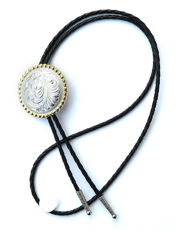 Rockmount 43819 Engraved Gold Trim Concho Bolo Tie Silver front view. If you need any assistance with this item or the purchase of this item please call us at five six one seven four eight eight eight zero one Monday through Saturday 10:00a.m EST to 8:00 p.m EST