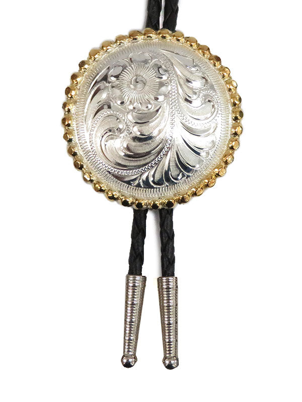 Rockmount 43819 Engraved Gold Trim Concho Bolo Tie Silver front view. If you need any assistance with this item or the purchase of this item please call us at five six one seven four eight eight eight zero one Monday through Saturday 10:00a.m EST to 8:00 p.m EST