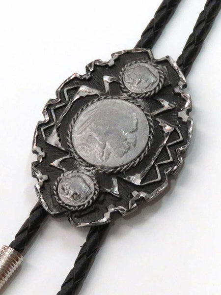 Western Express BT-132 Native American Head Coin Bolo Tie Grey close up