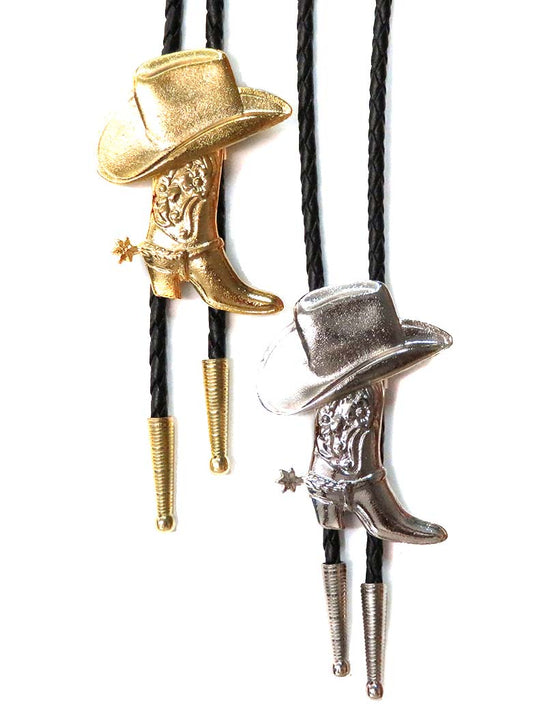 Western Express BT-972-G BT-972-S Boot & Hat Bolo Tie Gold / Silver front view. If you need any assistance with this item or the purchase of this item please call us at five six one seven four eight eight eight zero one Monday through Saturday 10:00a.m EST to 8:00 p.m EST
