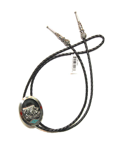 Western Express BT-253 Bison Bolo Tie With Turquoise & Coral Inlay front view