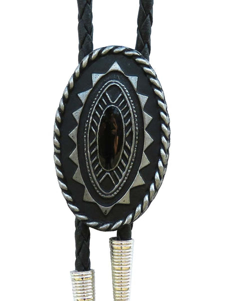 Western Express BT-4907 Silver Plated Oval Bolo Tie Black front view