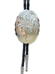 Western Express BT-528 Engraved Scalloped Oval Bolo Tie Silver front view. If you need any assistance with this item or the purchase of this item please call us at five six one seven four eight eight eight zero one Monday through Saturday 10:00a.m EST to 8:00 p.m EST