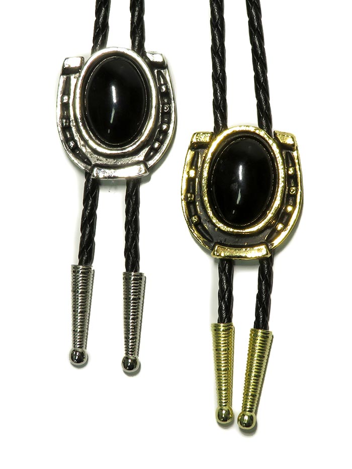 Western Express BT-1602 BT-1603 Horseshoe Bolo Tie With Onyx Stone Antique Gold Antique Silver front view