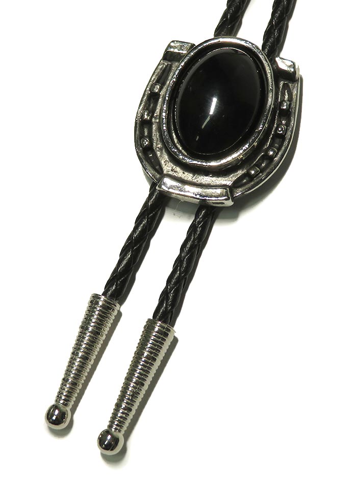Western Express BT-1602 BT-1603 Horseshoe Bolo Tie With Onyx Stone Antique Gold Antique Silver front view