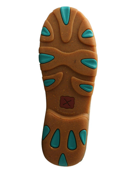 Twisted X WDMS022 Women Slip On Driving Moccasin Tan and Turquoise Bottom View. If you need any assistance with this item or the purchase of this item please call us at five six one seven four eight eight eight zero one Monday through Saturday 10:00a.m EST to 8:00 p.m EST