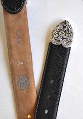 Tony Lama C50493 Womens Kaitlyn Crystal Western Leather Belt Black back and tip close up. If you need any assistance with this item or the purchase of this item please call us at five six one seven four eight eight eight zero one Monday through Saturday 10:00a.m EST to 8:00 p.m EST