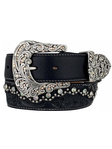 Tony Lama C50493 Womens Kaitlyn Crystal Western Leather Belt Black front view. If you need any assistance with this item or the purchase of this item please call us at five six one seven four eight eight eight zero one Monday through Saturday 10:00a.m EST to 8:00 p.m EST