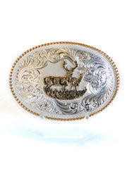 Montana Silversmiths 1340-977L Gold Rope Trimmed Buck And Doe Engraved Buckle Silver front view. If you need any assistance with this item or the purchase of this item please call us at five six one seven four eight eight eight zero one Monday through Saturday 10:00a.m EST to 8:00 p.m EST