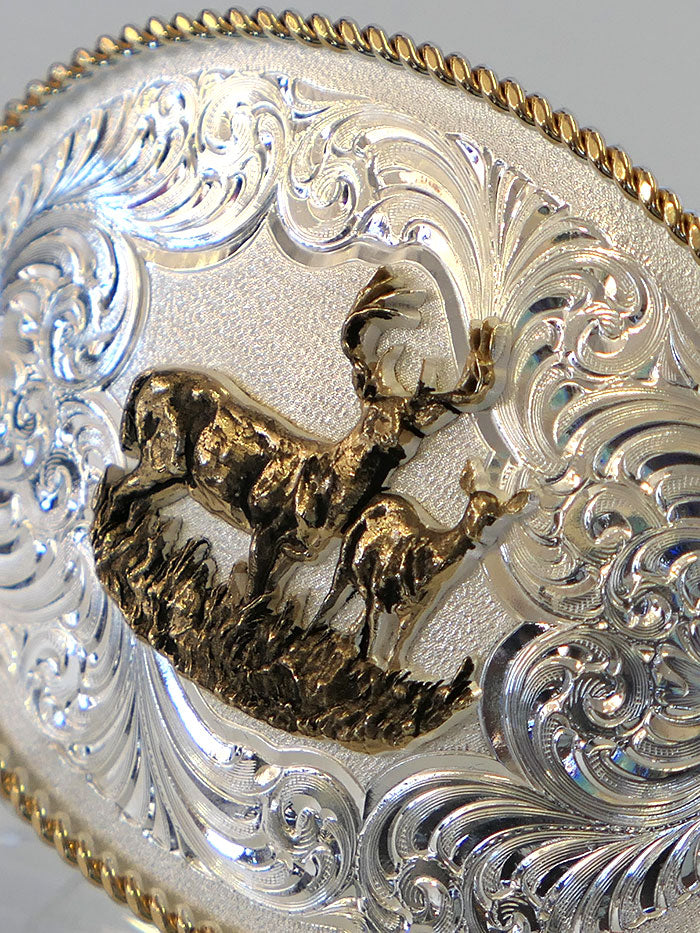 Montana Silversmiths 1340-977L Gold Rope Trimmed Buck And Doe Engraved Buckle Silver front view. If you need any assistance with this item or the purchase of this item please call us at five six one seven four eight eight eight zero one Monday through Saturday 10:00a.m EST to 8:00 p.m EST
