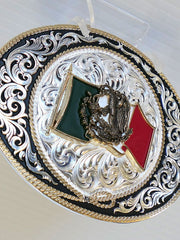 Montana Silversmiths 6190-219 Mexico Pride Ranch Rope Buckle close up. If you need any assistance with this item or the purchase of this item please call us at five six one seven four eight eight eight zero one Monday through Saturday 10:00a.m EST to 8:00 p.m EST