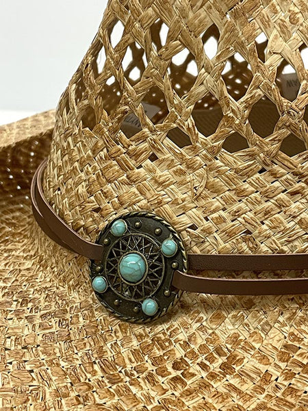 Bullhide ANYTIME 2456 Straw Western Hat Natural band close up. If you need any assistance with this item or the purchase of this item please call us at five six one seven four eight eight eight zero one Monday through Saturday 10:00a.m EST to 8:00 p.m EST