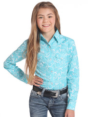 Panhandle C6S4410 Kids Long Sleeve Horse Print Snap Shirt Light Blue Front