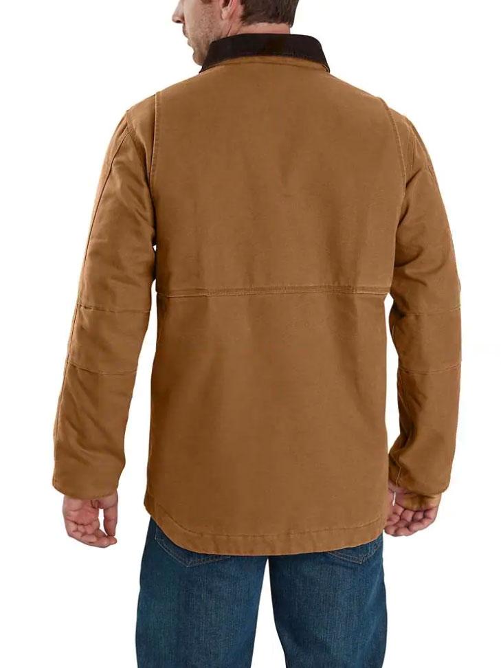 Carhartt 103283-211 Mens Full Swing Armstrong Traditional Insulated Jacket Brown front view on model. If you need any assistance with this item or the purchase of this item please call us at five six one seven four eight eight eight zero one Monday through Saturday 10:00a.m EST to 8:00 p.m EST