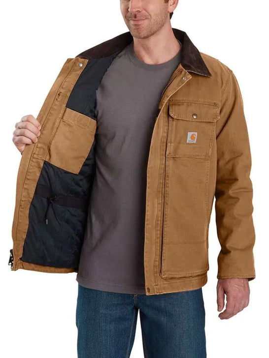 Carhartt 103283-211 Mens Full Swing Armstrong Traditional Insulated Jacket Brown inside view right side. If you need any assistance with this item or the purchase of this item please call us at five six one seven four eight eight eight zero one Monday through Saturday 10:00a.m EST to 8:00 p.m EST