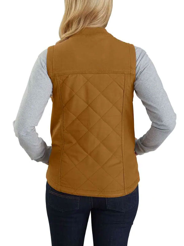 Carhartt 104423-BRN Womens Rugged Flex Canvas Insulated Rib Collar Vest Brown front view. If you need any assistance with this item or the purchase of this item please call us at five six one seven four eight eight eight zero one Monday through Saturday 10:00a.m EST to 8:00 p.m EST