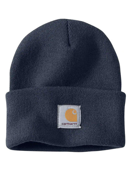 Carhartt A18 Knit Cuffed Beanie navy front view. If you need any assistance with this item or the purchase of this item please call us at five six one seven four eight eight eight zero one Monday through Saturday 10:00a.m EST to 8:00 p.m EST