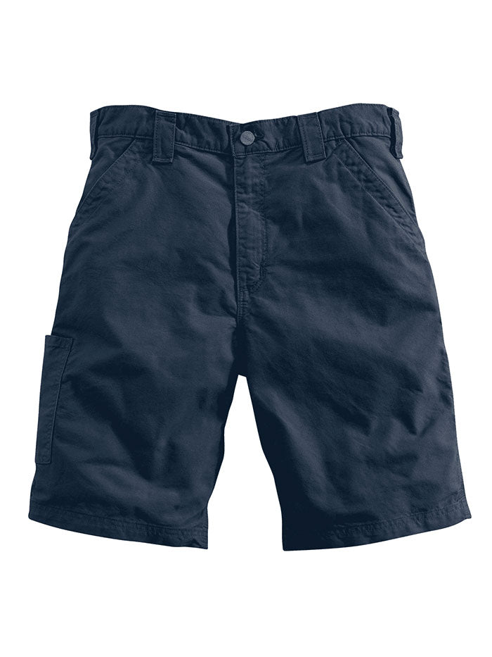 Carhartt B147NVY Mens 10" Canvas Work Shorts Navy front view on model. If you need any assistance with this item or the purchase of this item please call us at five six one seven four eight eight eight zero one Monday through Saturday 10:00a.m EST to 8:00 p.m EST