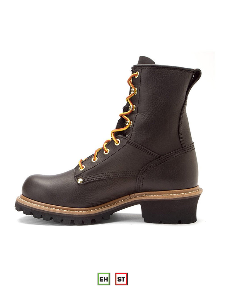 Carolina CA1825 Mens Steel Toe Laced-up Logger Work Boot Black outer side view. If you need any assistance with this item or the purchase of this item please call us at five six one seven four eight eight eight zero one Monday through Saturday 10:00a.m EST to 8:00 p.m EST