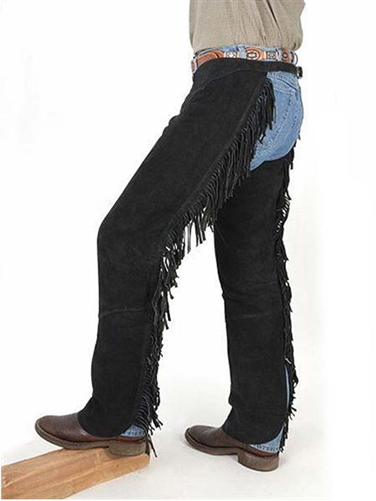 Tough 1 63-88-BK Suede Leather Western Fringe Shotgun Chaps Black side view. If you need any assistance with this item or the purchase of this item please call us at five six one seven four eight eight eight zero one Monday through Saturday 10:00a.m EST to 8:00 p.m EST