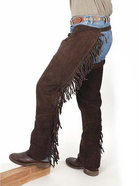 Tough 1 63-88-BR Suede Leather Western Fringe Shotgun Chaps Brown side view. If you need any assistance with this item or the purchase of this item please call us at five six one seven four eight eight eight zero one Monday through Saturday 10:00a.m EST to 8:00 p.m EST