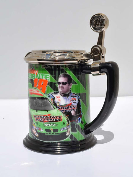 Bobby Labonte Franklin Stein Mint #18 Collector Tankard side view. If you need any assistance with this item or the purchase of this item please call us at five six one seven four eight eight eight zero one Monday through Saturday 10:00a.m EST to 8:00 p.m EST