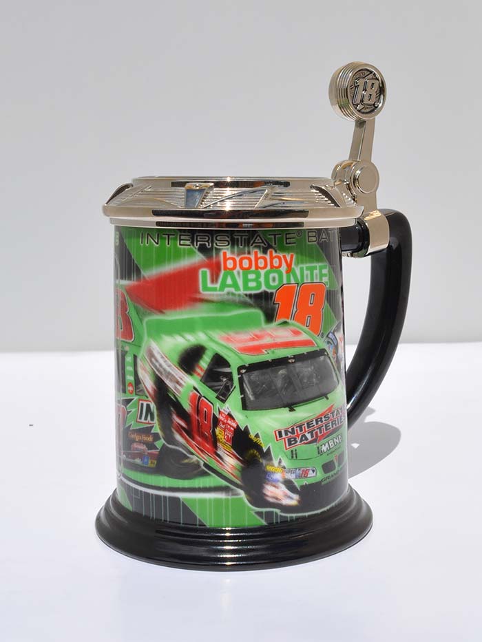 Bobby Labonte Franklin Stein Mint #18 Collector Tankard side view. If you need any assistance with this item or the purchase of this item please call us at five six one seven four eight eight eight zero one Monday through Saturday 10:00a.m EST to 8:00 p.m EST