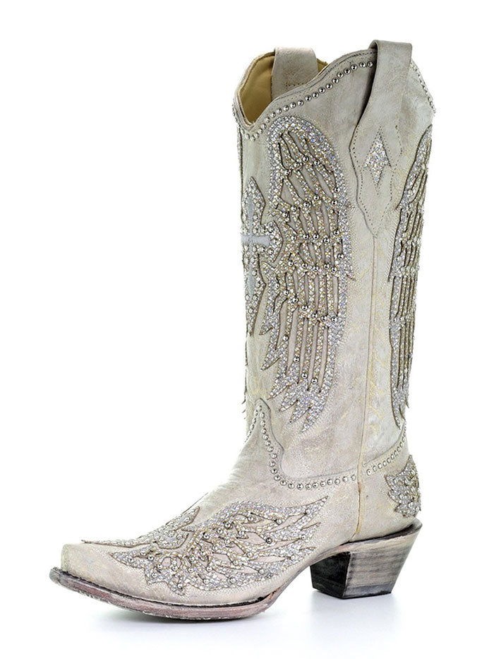 Corral A3571 Ladies Classic Cross & Wings Snip Toe Western Boot White front view