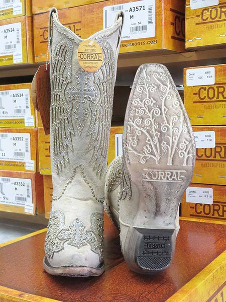 Corral A3571 Ladies Classic Cross & Wings Snip Toe Western Boot White front and sole view. If you need any assistance with this item or the purchase of this item please call us at five six one seven four eight eight eight zero one Monday through Saturday 10:00a.m EST to 8:00 p.m EST