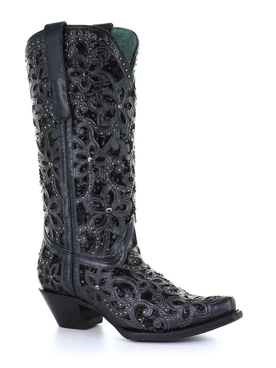 Corral A3752 Ladies Embroidery Inlay Studs Snip Toe Cowgirl Boot Black outter side view on an angle. If you need any assistance with this item or the purchase of this item please call us at five six one seven four eight eight eight zero one Monday through Saturday 10:00a.m EST to 8:00 p.m EST