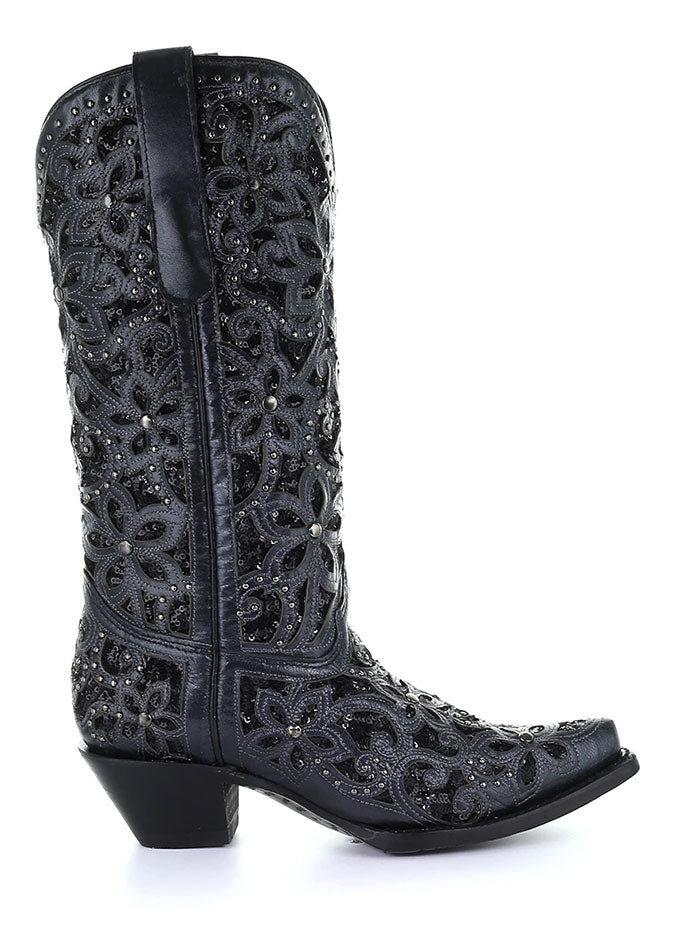 Corral A3752 Ladies Embroidery Inlay Studs Snip Toe Cowgirl Boot Black outter side view on an angle. If you need any assistance with this item or the purchase of this item please call us at five six one seven four eight eight eight zero one Monday through Saturday 10:00a.m EST to 8:00 p.m EST