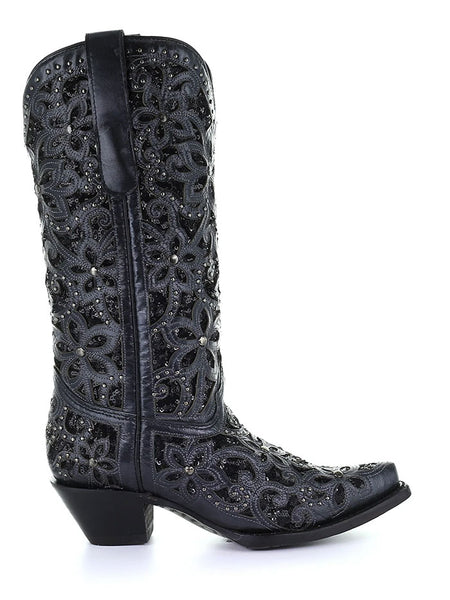Corral A3752 Ladies Embroidery Inlay Studs Snip Toe Cowgirl Boot Black outter side view. If you need any assistance with this item or the purchase of this item please call us at five six one seven four eight eight eight zero one Monday through Saturday 10:00a.m EST to 8:00 p.m EST