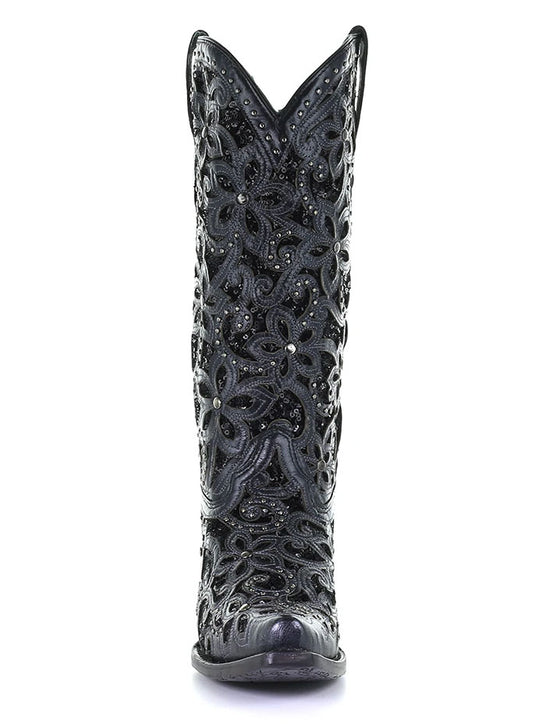 Corral A3752 Ladies Embroidery Inlay Studs Snip Toe Cowgirl Boot Black full front view. If you need any assistance with this item or the purchase of this item please call us at five six one seven four eight eight eight zero one Monday through Saturday 10:00a.m EST to 8:00 p.m EST
