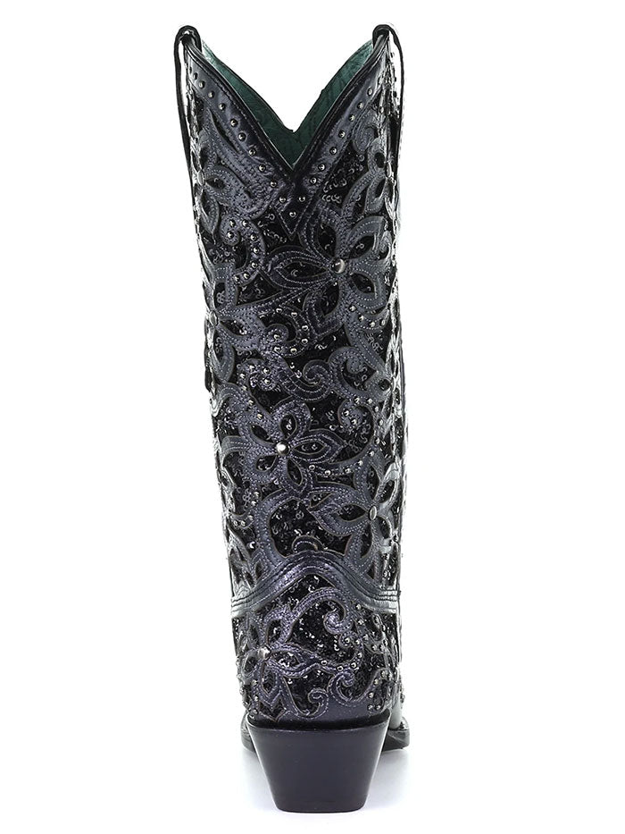 Corral A3752 Ladies Embroidery Inlay Studs Snip Toe Cowgirl Boot Black outter side view on an angle. If you need any assistance with this item or the purchase of this item please call us at five six one seven four eight eight eight zero one Monday through Saturday 10:00a.m EST to 8:00 p.m EST